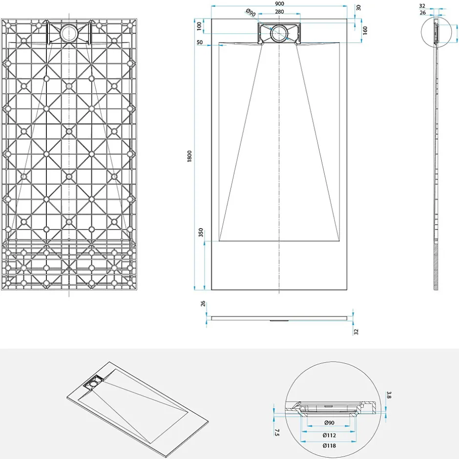 Saniverre Receveur de douche POLAR blanc extra-plat effet pierre 90 x 180 cm + bonde
