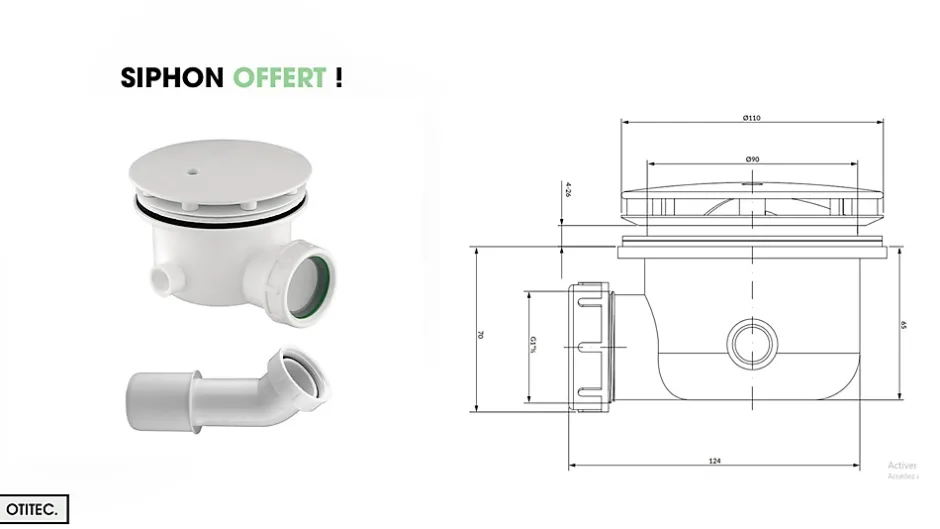 Otitec Receveur de Douche Rectangle - 90 x 140 x 11,5 cm - Blanc - avec Siphon OFFERT - MOON