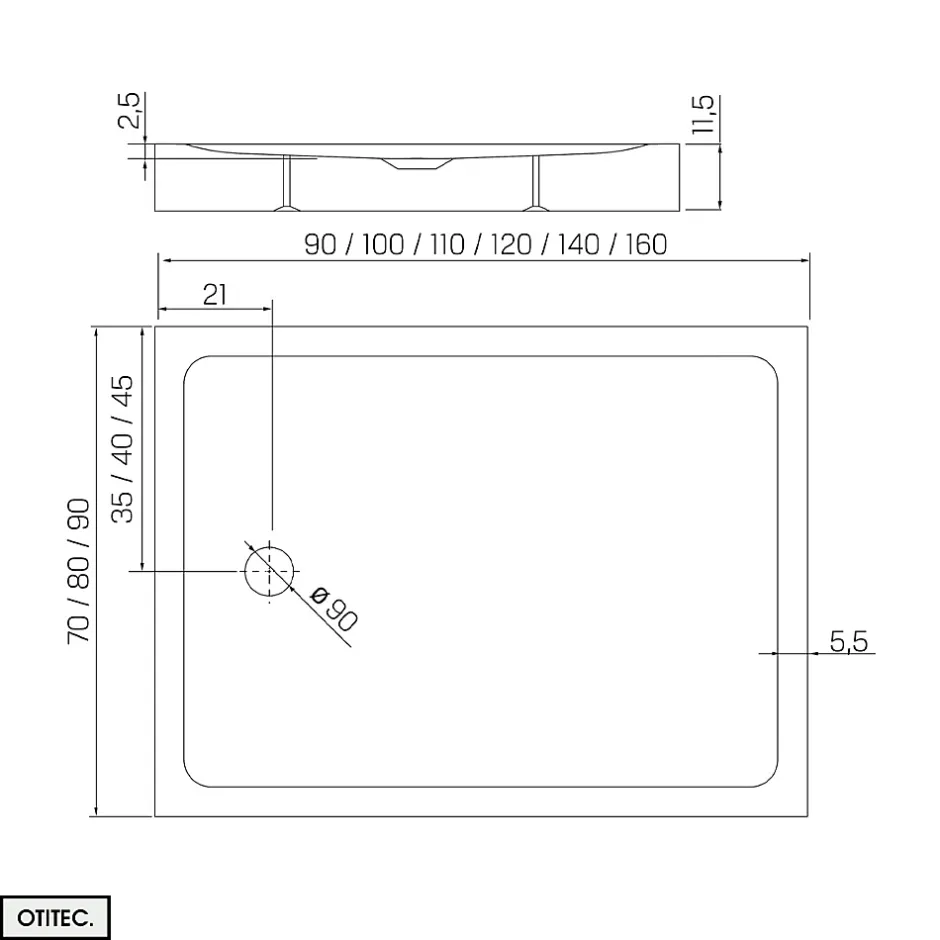 Otitec Receveur de Douche Rectangle - 90 x 140 x 11,5 cm - Blanc - avec Siphon OFFERT - MOON