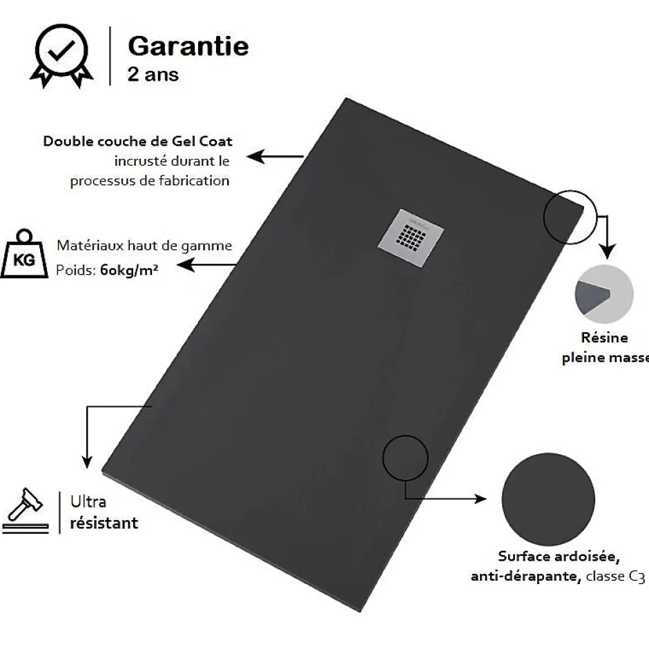 Stano Receveur de douche 80x170 cm extra plat DEKOR en resine finition marbre noir* Receveur De Douche