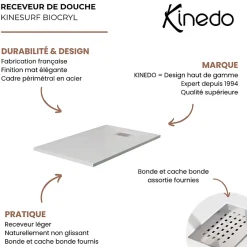 Kinedo Receveur Kinesurf biocryl 160 x 90 cm avec bonde centrée sur la largeur