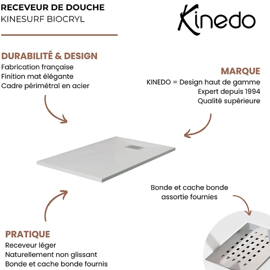 Kinedo Receveur Kinesurf biocryl 160 x 90 cm avec bonde centrée sur la largeur
