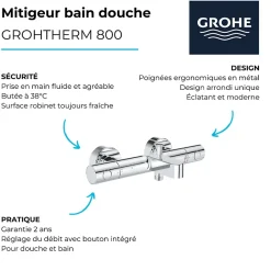 Grohe Robinet bain douche thermostatique Grohtherm 800 Cosmopolitan 1/2* Robinet De Baignoire