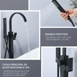 Homelody Robinet de Baignoire Cascade sur Pied Montage au Sol avec Douchette, pour Bain et Douche