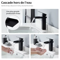 Homelody Robinet de Lavabo Cascade Noir Mitigeur de Lavabo Mono-trou Robinetterie Lave-mains Monocommande Robinet Salle de Bain