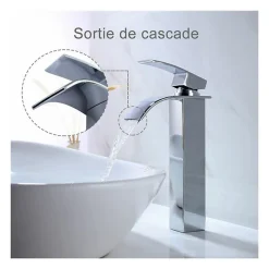 Deko Robinet de salle de bain à bec haut cascade en laiton mitigeur de lavabo robinet de lavabo chromé design moderne