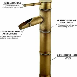 Deko Robinet haut en bambou, mitigeur de lavabo cascade, robinet d'eau chaude et froide à un trou, bec de déconnexion à 3 joints* Robinet Lavabo Et Vasque