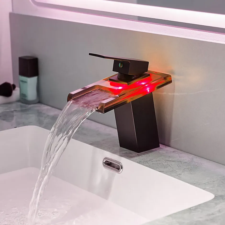 Saniverre Robinet mitigeur bec cascade à LED lumineuses SOLEO chrome noir -* Robinet Lavabo Et Vasque