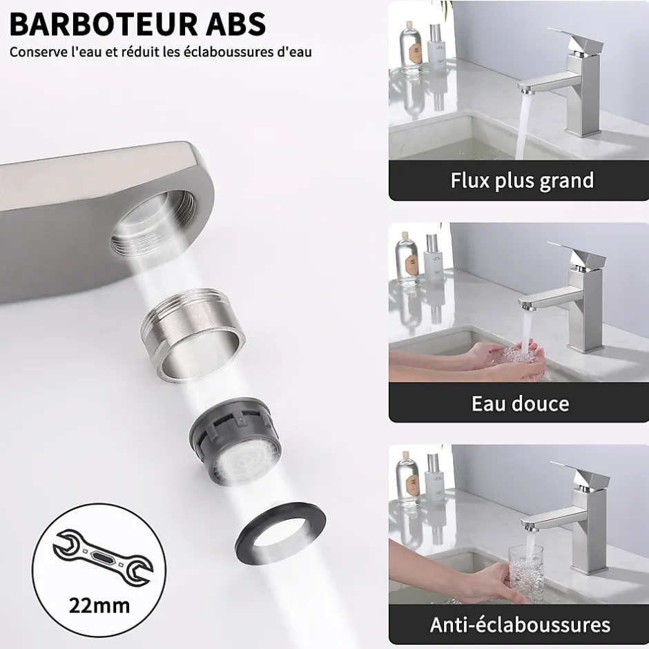 Homelody Robinet Salle Bain Carrée Mitigeur de lavabo Eau Froide Chaude Disponible Robinet Lavabo en Acier Inoxydable Mousseur Démontable* Robinet Lavabo Et Vasque