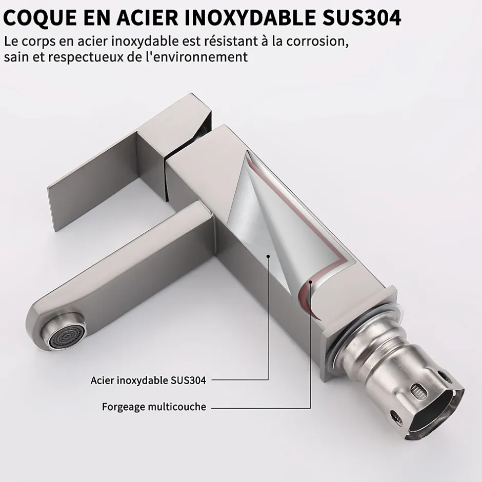 Homelody Robinet Salle Bain Carrée Mitigeur de lavabo Eau Froide Chaude Disponible Robinet Lavabo en Acier Inoxydable Mousseur Démontable* Robinet Lavabo Et Vasque