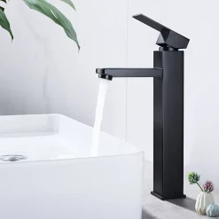 Homelody Robinet Salle de Bain Haut Mitigeur Salle Bain pour Vasque Robinet de Lavabo avec Poignée Carré Design Moderne Noir* Robinet Lavabo Et Vasque