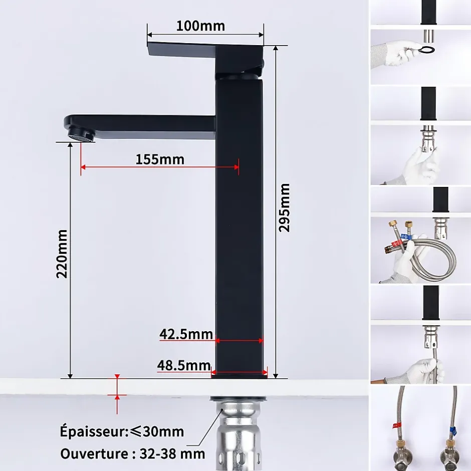 Homelody Robinet Salle de Bain Haut Mitigeur Salle Bain pour Vasque Robinet de Lavabo avec Poignée Carré Design Moderne Noir* Robinet Lavabo Et Vasque