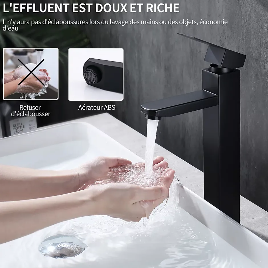 Homelody Robinet Salle de Bain Haut Mitigeur Salle Bain pour Vasque Robinet de Lavabo avec Poignée Carré Design Moderne Noir* Robinet Lavabo Et Vasque
