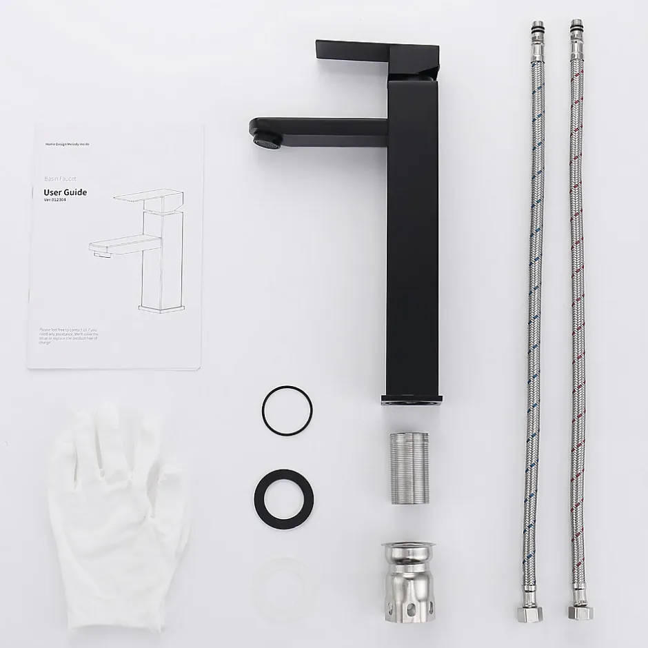 Homelody Robinet Salle de Bain Haut Mitigeur Salle Bain pour Vasque Robinet de Lavabo avec Poignée Carré Design Moderne Noir* Robinet Lavabo Et Vasque