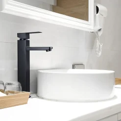 Homelody Robinet Salle de Bain Haut Mitigeur Salle Bain pour Vasque Robinet de Lavabo avec Poignée Carré Design Moderne Noir* Robinet Lavabo Et Vasque