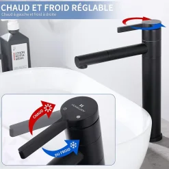 Homelody Robinet Salle de Bain Noir Mitigeur pour Vasque Haut Bec Pivotant Robinetterie de Lavabo en Acier Inox Design Moderne* Robinet Lavabo Et Vasque