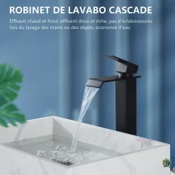 Homelody Robinet Salle de Bain Noir Cascade Grand Mitigeur Lavabo en Laiton Robinetterie Lave-mains pour Vaque Salle de Bain Design Moderne