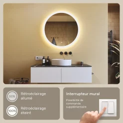 Artforma Rond Miroir Salle de Bain 80cm, Miroir led avec Tactile, Systeme Couleur DUAL LED et Fonction Anti-buée