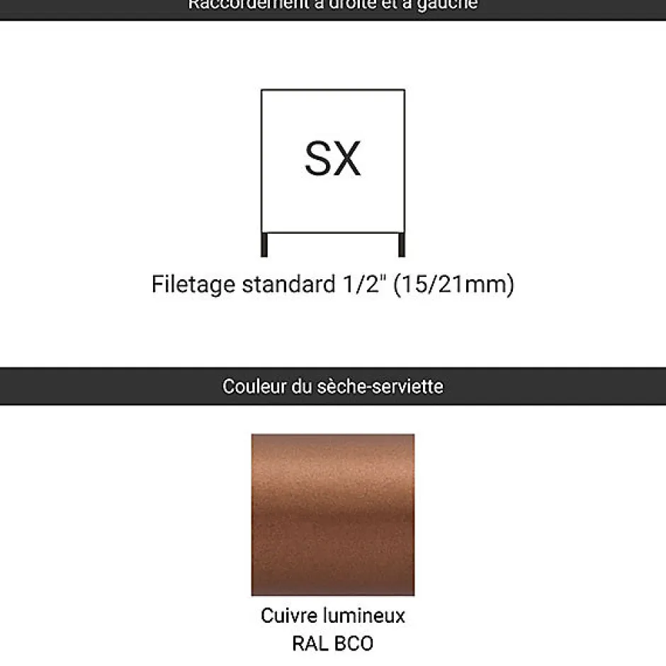 Matisere Sèche-serviette eau chaude cuivré de 710mm de haut et 230mm de large - 186 Watt - MIK710/230SXBCO