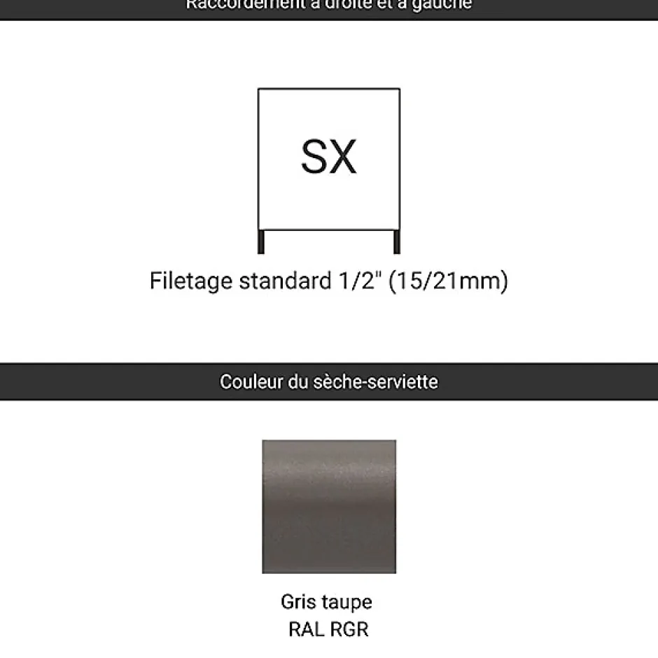 Matisere Sèche-serviette eau chaude gris de 660mm de haut 400mm de large - 241 Watt - FIO660/400SXRGR* Sèche-Serviettes Eau Chaude