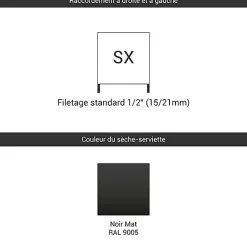 Matisere Sèche-serviette eau chaude noir de 660mm de haut et 580mm de large - 327 Watt - FIO660/580SXN