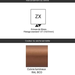 Matisere Sèche-serviette eau chaude cuivre lumineux de 1710mm de haut et 400mm de large - 531 Watt - VIP1710/400ZXBCO
