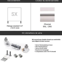 Matisere Sèche-serviette eau chaude chromé de 1140mm de haut et 600mm de large - 498 Watt - ALE1140/600SXCROK* Sèche-Serviettes Eau Chaude