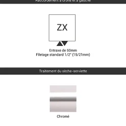 Matisere Sèche-serviette eau chaude chromé de 600mm de haut / 500mm de large - 174 Watt - ZIG600/500ZXCRO* Sèche-Serviettes Eau Chaude