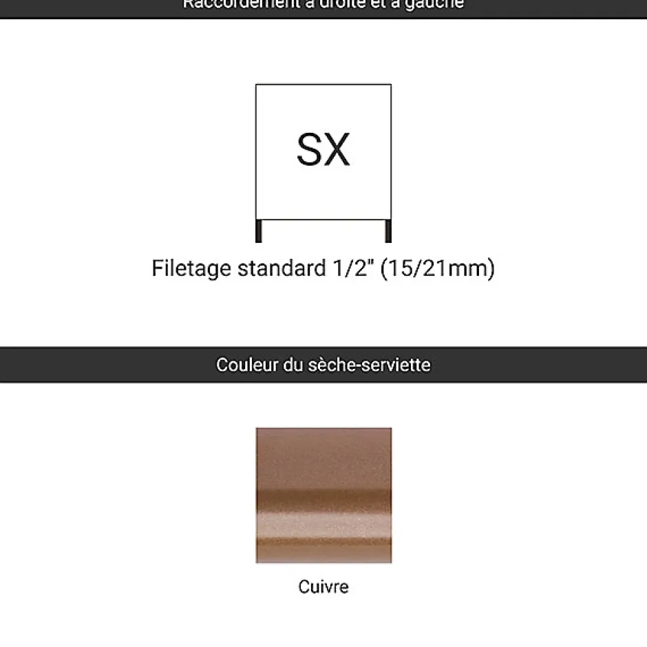 Matisere Sèche-serviette eau chaude cuivre de 1170mm de haut et 504mm de large - 210 Watt - RET1170/504SXCOP