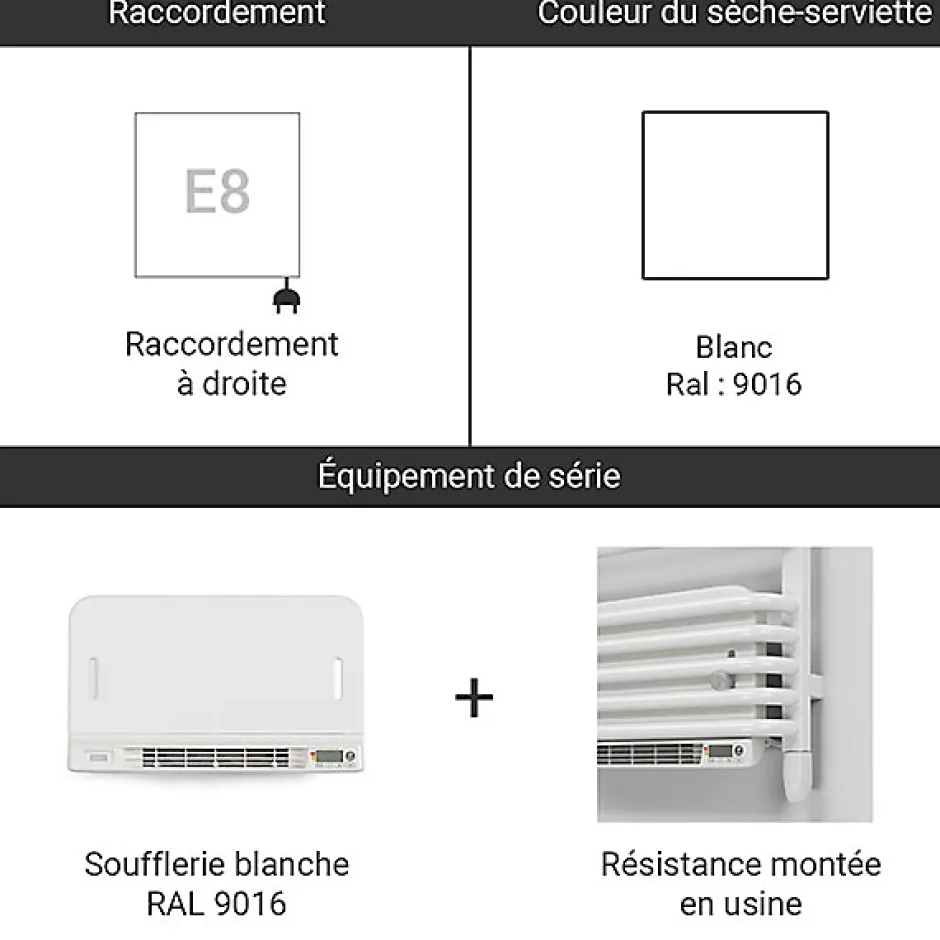Matisere Sèche-serviette électrique blanc de 820mm de haut et 540mm de large - 600 Watt - TYT820/540E8BBLO* Sèche-Serviettes Soufflant