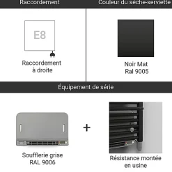 Matisere Sèche-serviette électrique noir de 1050mm de haut et 500mm de large - 600 Watt - CIT1050/500E8NBLO* Sèche-Serviettes Soufflant