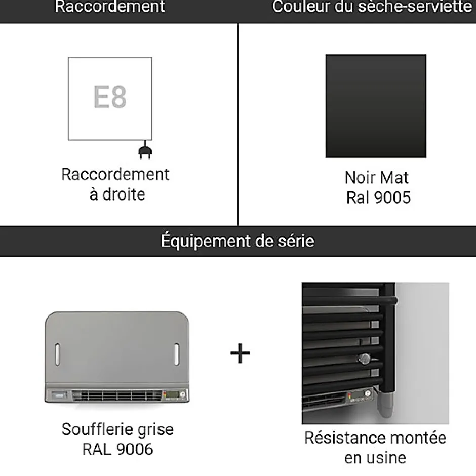 Matisere Sèche-serviette électrique noir de 1110mm de haut et 500mm de large - 600 Watt - WAR1110500TE8NBLO