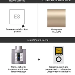 Matisere Sèche-serviette électrique programmable champagne - HxL 1620X686 mm - 1000 Watt - LEN1620/686E8CPGP* Sèche-Serviettes Électrique