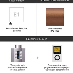 Matisere Sèche-serviette électrique programmable cuivré - HxL 750x400mm - 200 Watt - VIP750/400E1BCOP