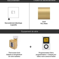 Matisere Sèche-serviette électrique programmable doré - HxL 1140x400mm - 400 Watt - LIM1140/400E1BRAP* Sèche-Serviettes Électrique