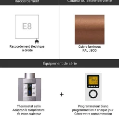 Matisere Sèche-serviette électrique programmable cuivré - HxL 1610x500mm - 800 Watt - STA1610/500E8BCOP* Sèche-Serviettes Électrique