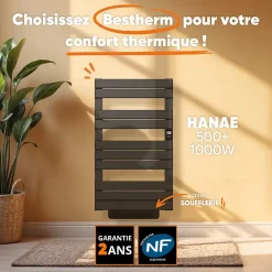 Bestherm Sèche-serviette électrique sans fluide avec soufflerie 500 + 1000 W H.108,4xL60cm HANAE noir* Sèche-Serviettes Soufflant