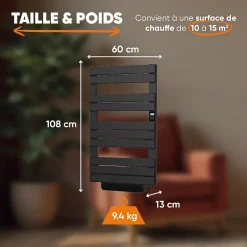 Bestherm Sèche-serviette électrique sans fluide avec soufflerie 500 + 1000 W H.108,4xL60cm HANAE noir* Sèche-Serviettes Soufflant