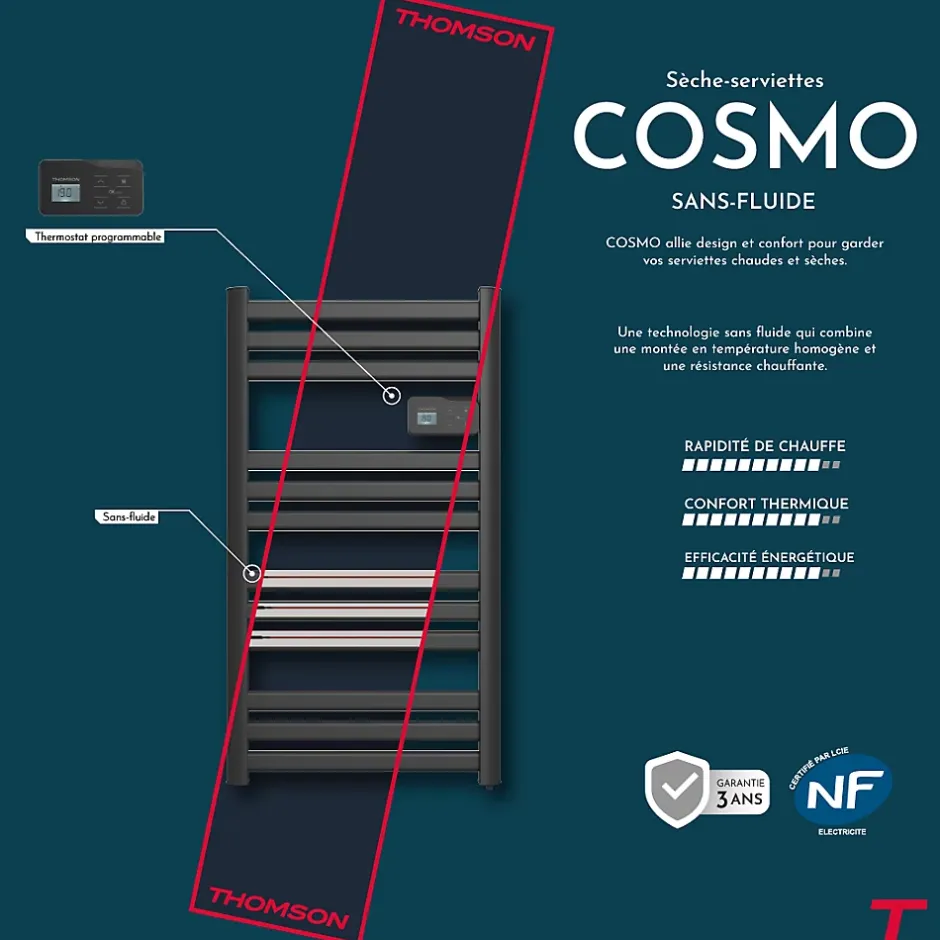 Thomson Sèche-serviette électrique sans fluide connecté WiFi 500W COSMO noir
