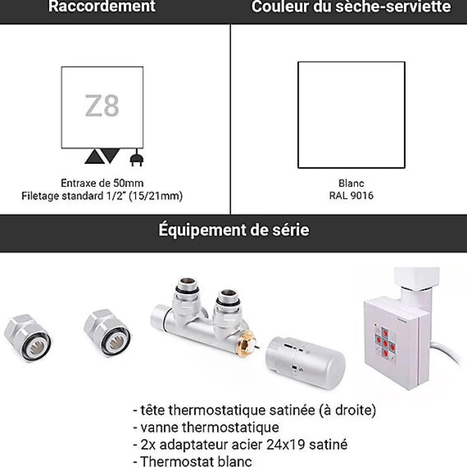 Matisere Sèche-serviette mixte blanc de 1070mm de haut et 500mm de large - 406 Watt - ZIG1070/500KDZ8B* Sèche-Serviettes Mixte