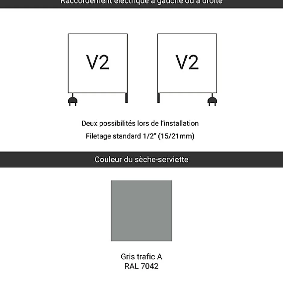 Matisere Sèche-serviette mixte gris de 820mm de haut et 500mm de large - 406 Watt - LIM820/500V27042