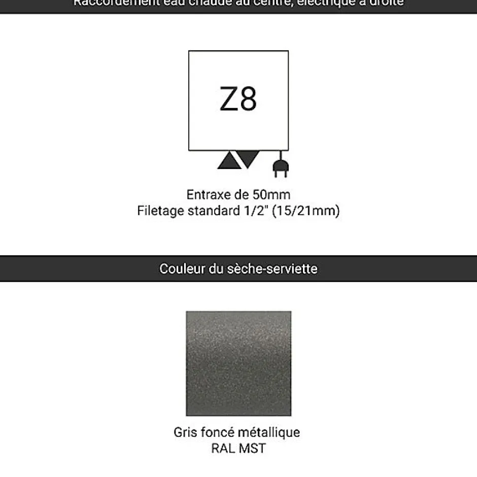 Matisere Sèche-serviette mixte gris de 1260mm de haut et 500mm de large - 503 Watt - BON1260/500Z8MST