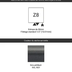 Matisere Sèche-serviette mixte gris de 1620mm de haut 630mm de large - 834 Watt - FIO1620/630Z8RGY* Sèche-Serviettes Mixte