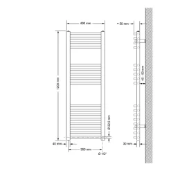 Luxebath Sèche-Serviettes Design Sahara - 400 x 1200 mm - Blanc - Connexion Latéral - Forme Courbé - avec Kit Montage Mural* Sèche-Serviettes Mixte