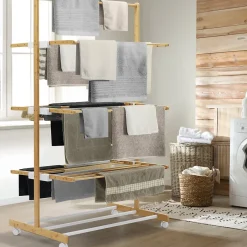 IDMarket Séchoir à linge pliable 3 niveaux RITA capacité 22M en bambou* Etendoir À Linge