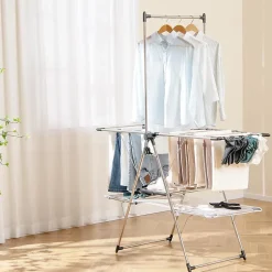 Giantex Séchoir à Linge Pliable, Barre de Suspension, Ailes Réglables, Pinces à Chaussettes, Tissu en Maille ,Crochets à Chaussures* Etendoir À Linge