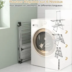 Giantex Séchoir à Linge Pliable, Barre de Suspension, Ailes Réglables, Pinces à Chaussettes, Tissu en Maille ,Crochets à Chaussures* Etendoir À Linge