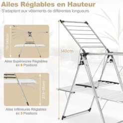 Giantex Séchoir à Linge Pliable, Barre de Suspension, Ailes Réglables, Pinces à Chaussettes, Tissu en Maille ,Crochets à Chaussures* Etendoir À Linge
