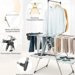Giantex Séchoir à Linge Pliable, Barre de Suspension, Ailes Réglables, Pinces à Chaussettes, Tissu en Maille ,Crochets à Chaussures* Etendoir À Linge