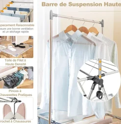 Giantex Séchoir à Linge Pliable, Barre de Suspension, Ailes Réglables, Pinces à Chaussettes, Tissu en Maille ,Crochets à Chaussures* Etendoir À Linge